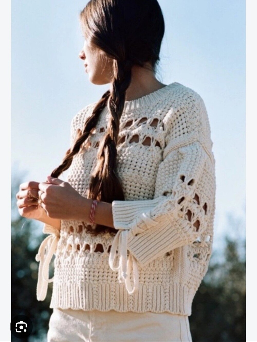 ZARA | Open-Knit Sweater tie-cuff cream Cotton Sz M